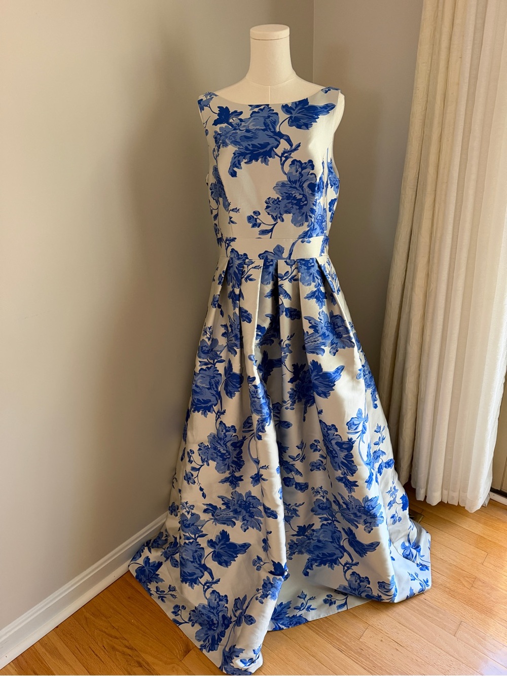 Eliza J Cream Ball Gown with Blue Floral Print